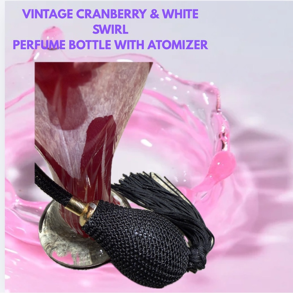 Cranberry Cased Art Glass Feather Swirl Perfume Bottle With Atomizer - Picture 2 of 8